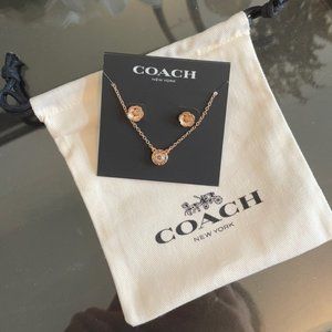 COACH Rose Gold Open Circle Necklace and Tea Rose Stud Earrings Set